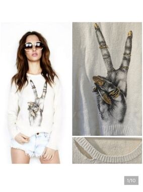 Lauren Moshi RARE Distressed Foil Finger Peace sweater